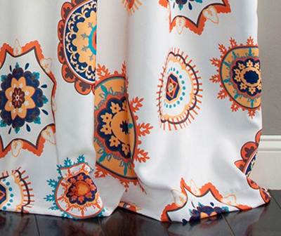 Adrianne White & Tangerine Floral Medallion Room-Darkening Grommet Curtain Panel Pair, (84")