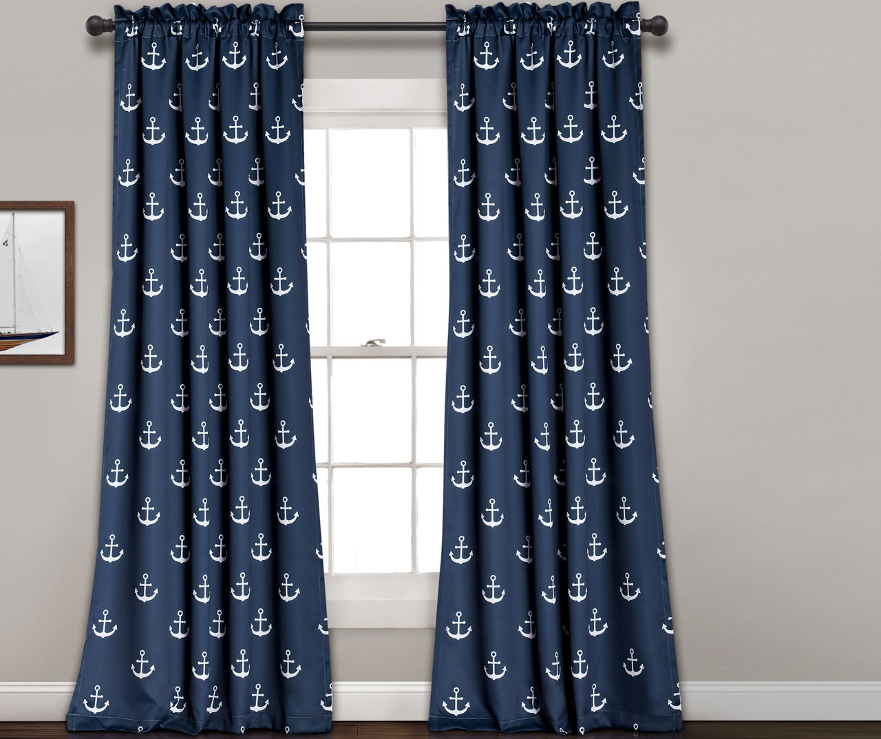 Anchor Navy Room-Darkening Rod Pocket Curtain Panel Pair, (84