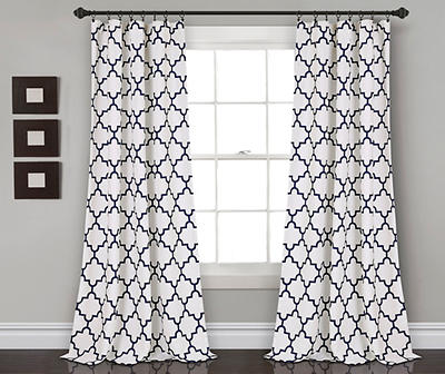Bellagio Navy & White Trellis Room-Darkening Rod Pocket Curtain Panel Pair, (108