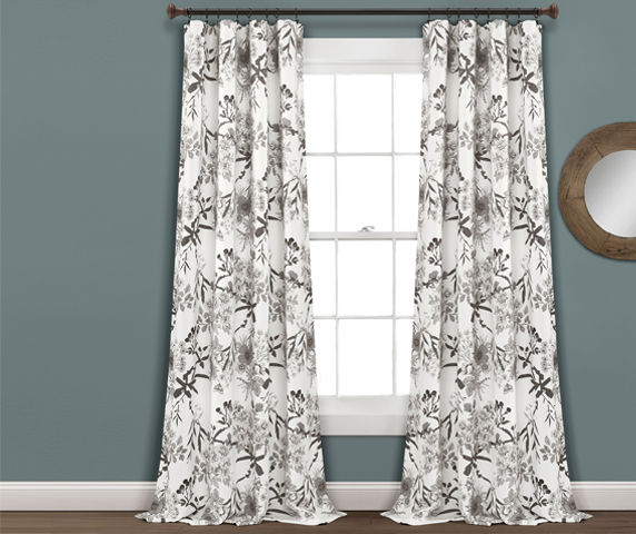 Botanical Garden Gray & White Room-Darkening Rod Pocket Curtain Panel Pair, (84")