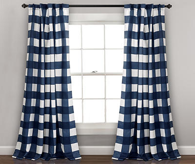 Kelly Checker Navy Room-Darkening Back Tab Curtain Panel Pair, (84