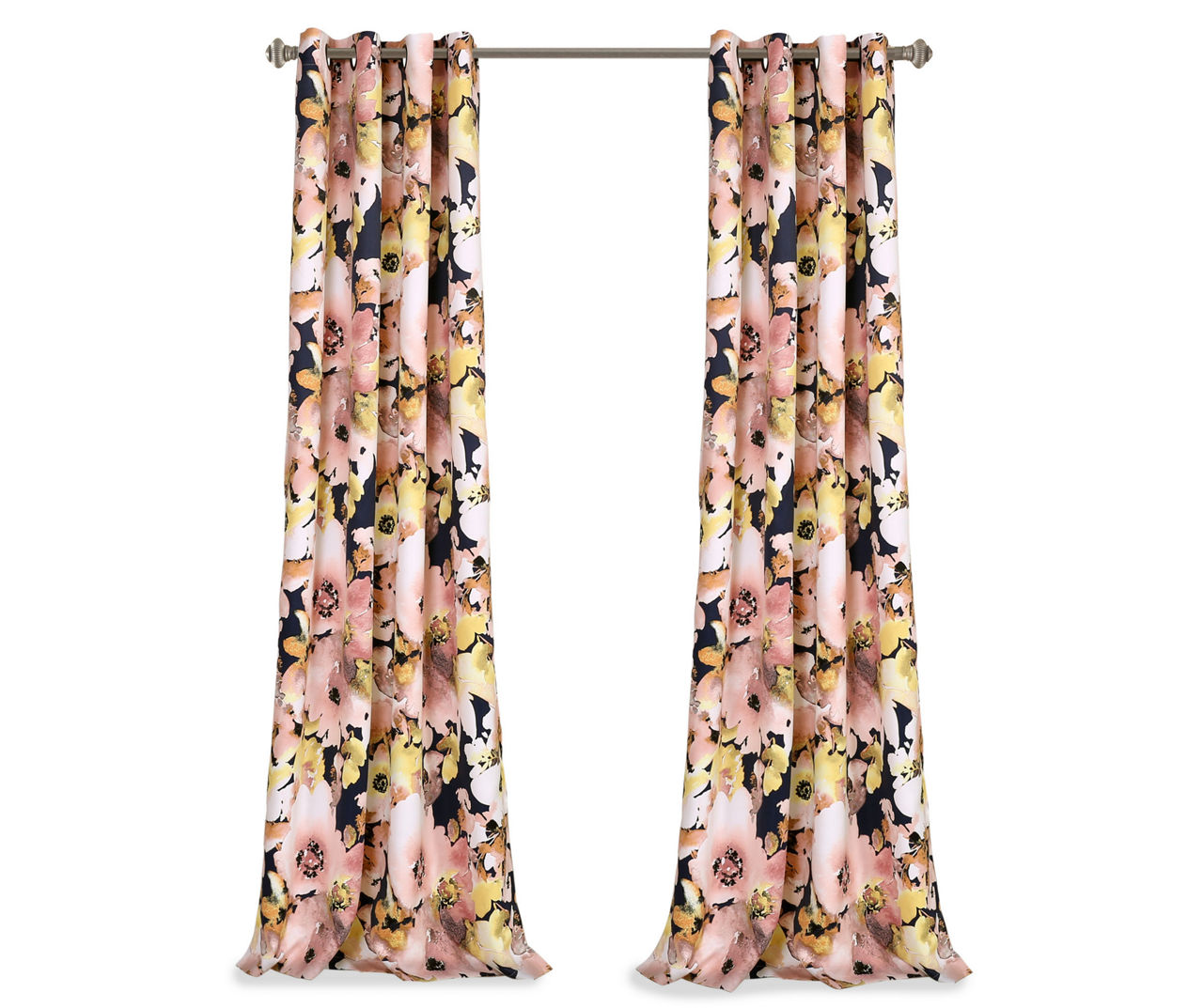 Floral Watercolor Navy & Pink Room-Darkening Grommet Curtain Panel Pair ...