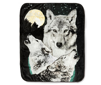 Gray 3 Wolves Moon Raschel Throw, (50" x 60")