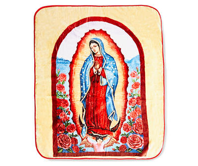Orange & Red Our Lady of Guadalupe Raschel Throw, (50" x 60")