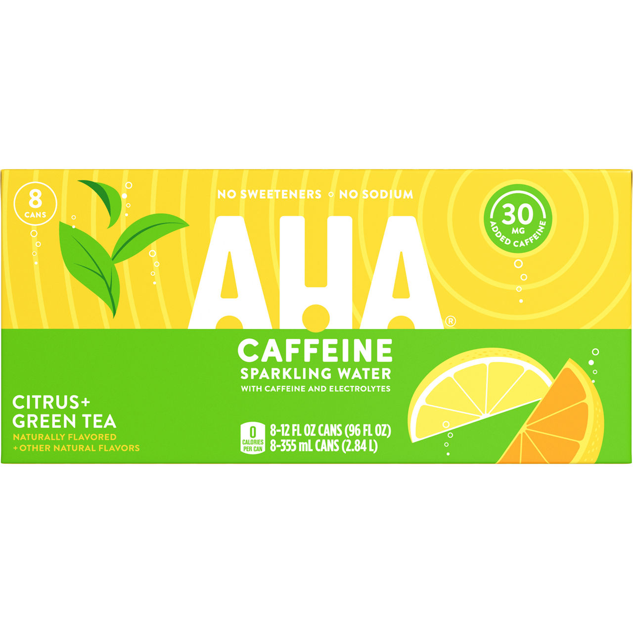 AHA AHA Sparkling Water, Citrus + Green Tea Flavored Water, with Caffeine & Electrolytes, Zero