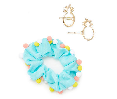 Girls' Pom-Pom Scrunchie & Pineapple Hair Clips Set