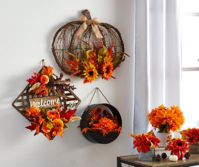 "Welcome" Pumpkin & Floral Basket Wall Decor