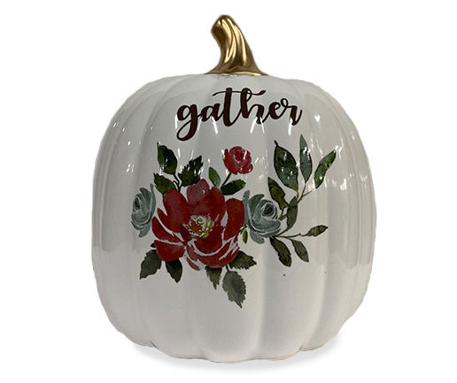 White ceramic outlet pumpkin that says gather