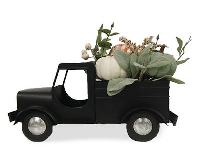 Black Retro Truck with Floral & Pumpkin Tabletop Decor