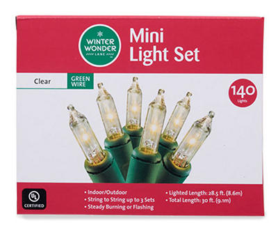 Clear Mini Light Set with Green Wire, 140-Lights