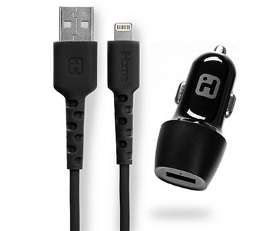 Black USB Car Charger & 6' Lightning Cable Set