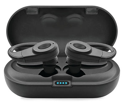 Black Sport Hook Bluetooth True Wireless Earbuds with Charging Case