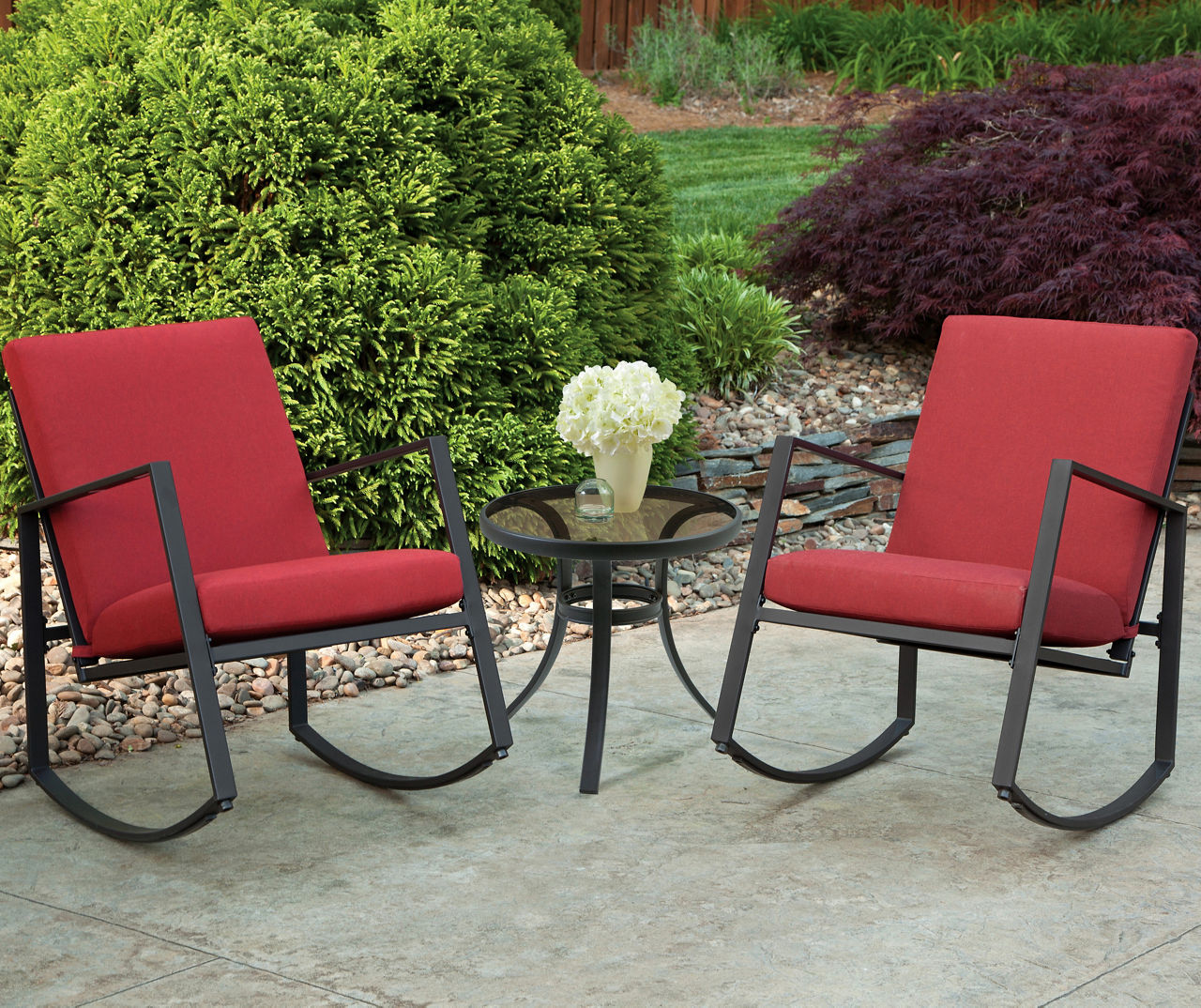 Aurora Patio Rocker Chair & Side Table Set with Red Cushions Big Lots