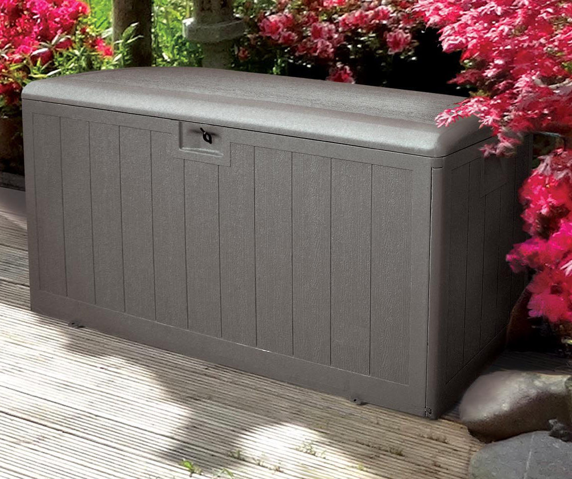 Gray 130-Gallon Wood Look Storage Deck Box with Gas Shock Lid