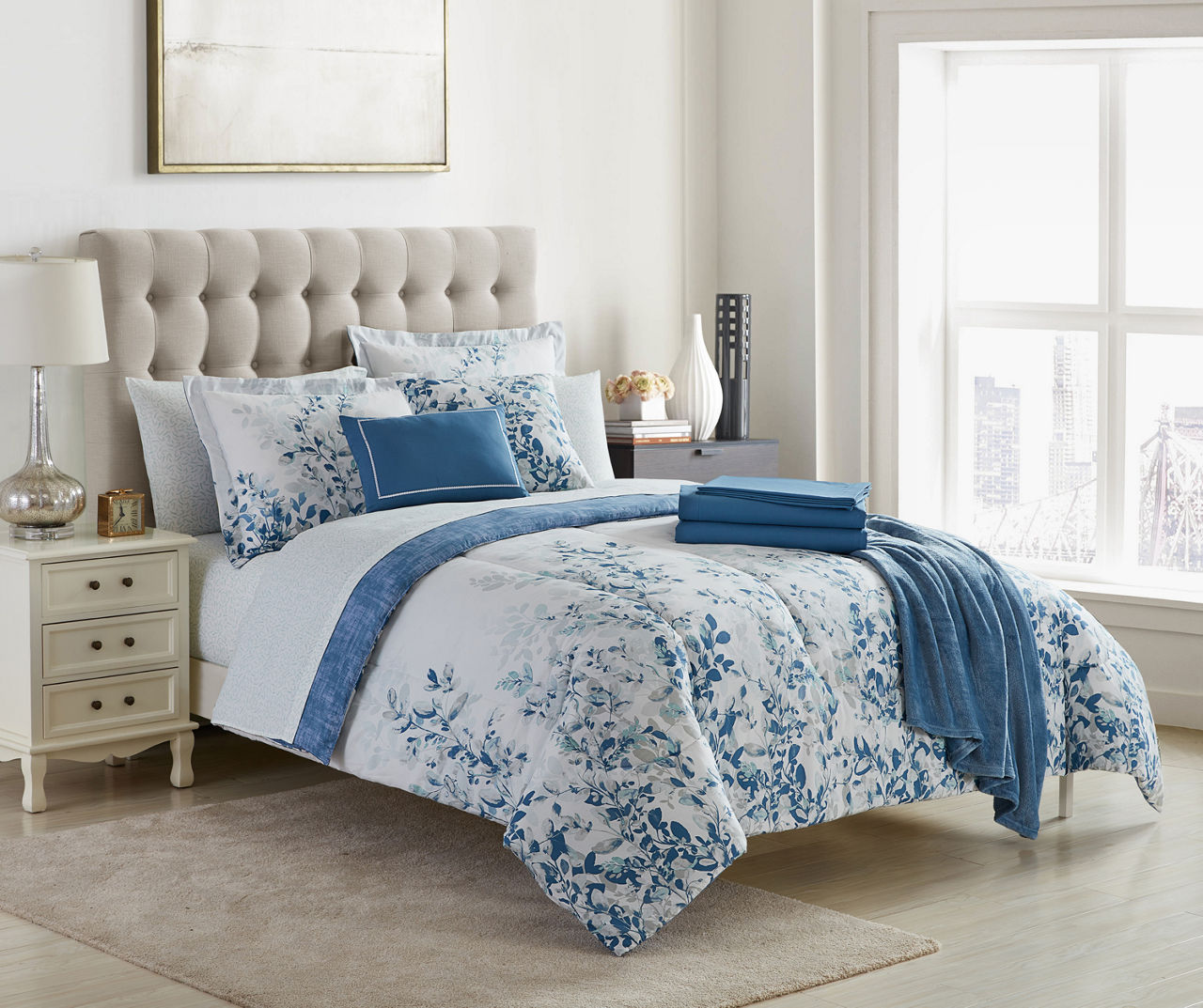 Living Colors Blue & White Floral Queen 14-Piece Comforter Set | Big Lots