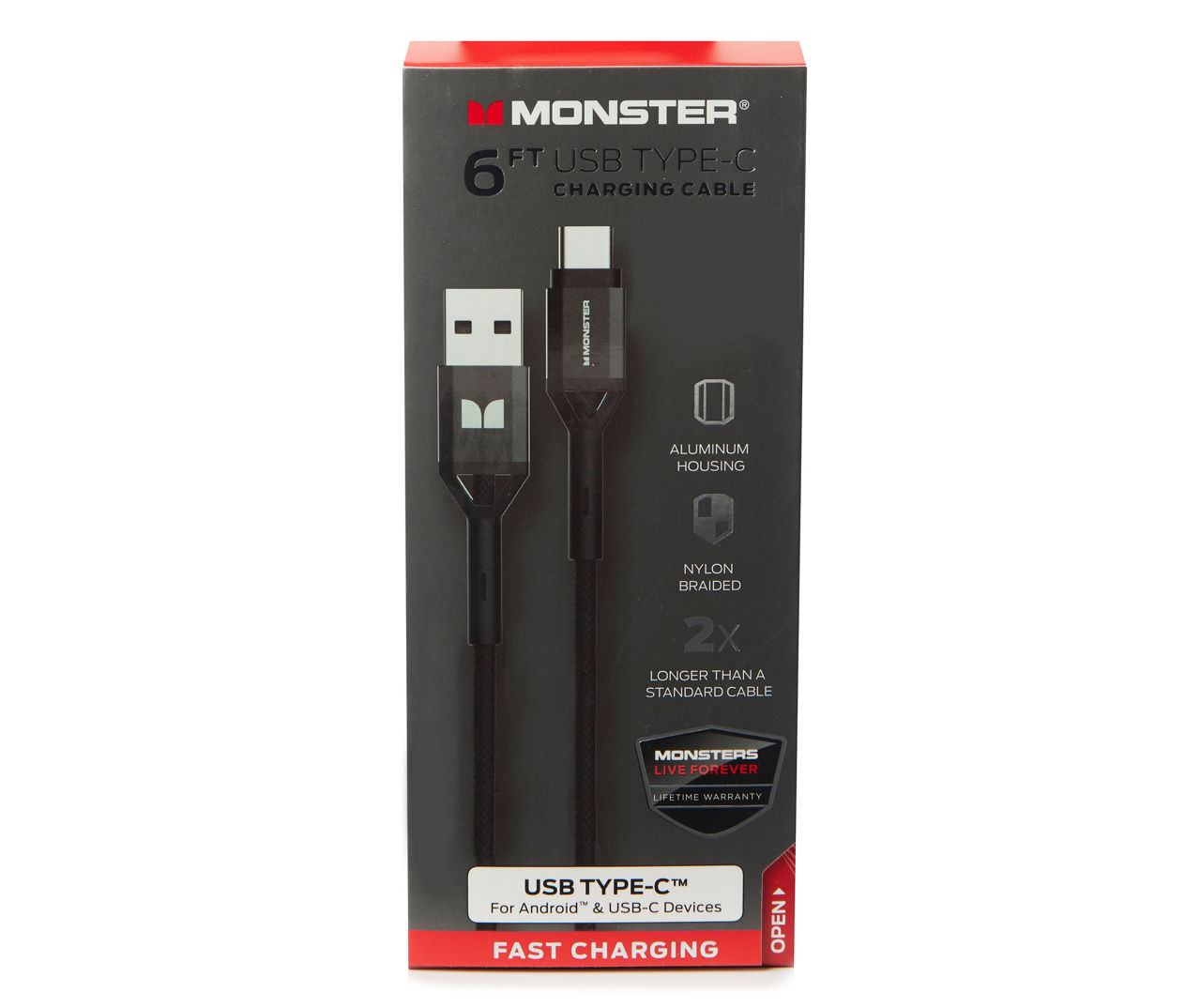 Monster Black USB Type C 6' Nylon Cable
