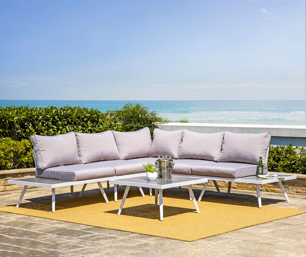 White 6-Piece Aluminum Cushioned Patio Sectional & Coffee Table Set