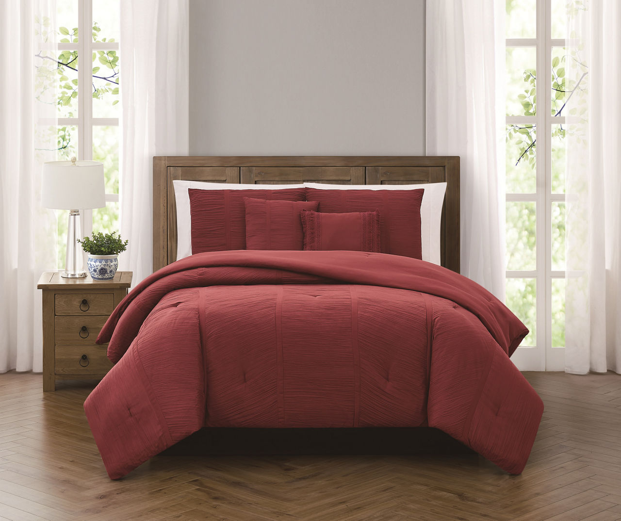 Deep Red Crinkle Queen 5-Piece Comforter Set