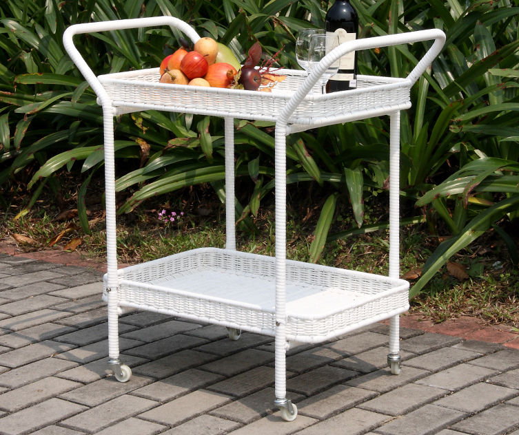 White All-Weather Wicker Serving Cart