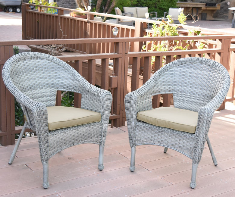 Gray Wicker Patio Chairs with Tan Cushions, 2-Pack