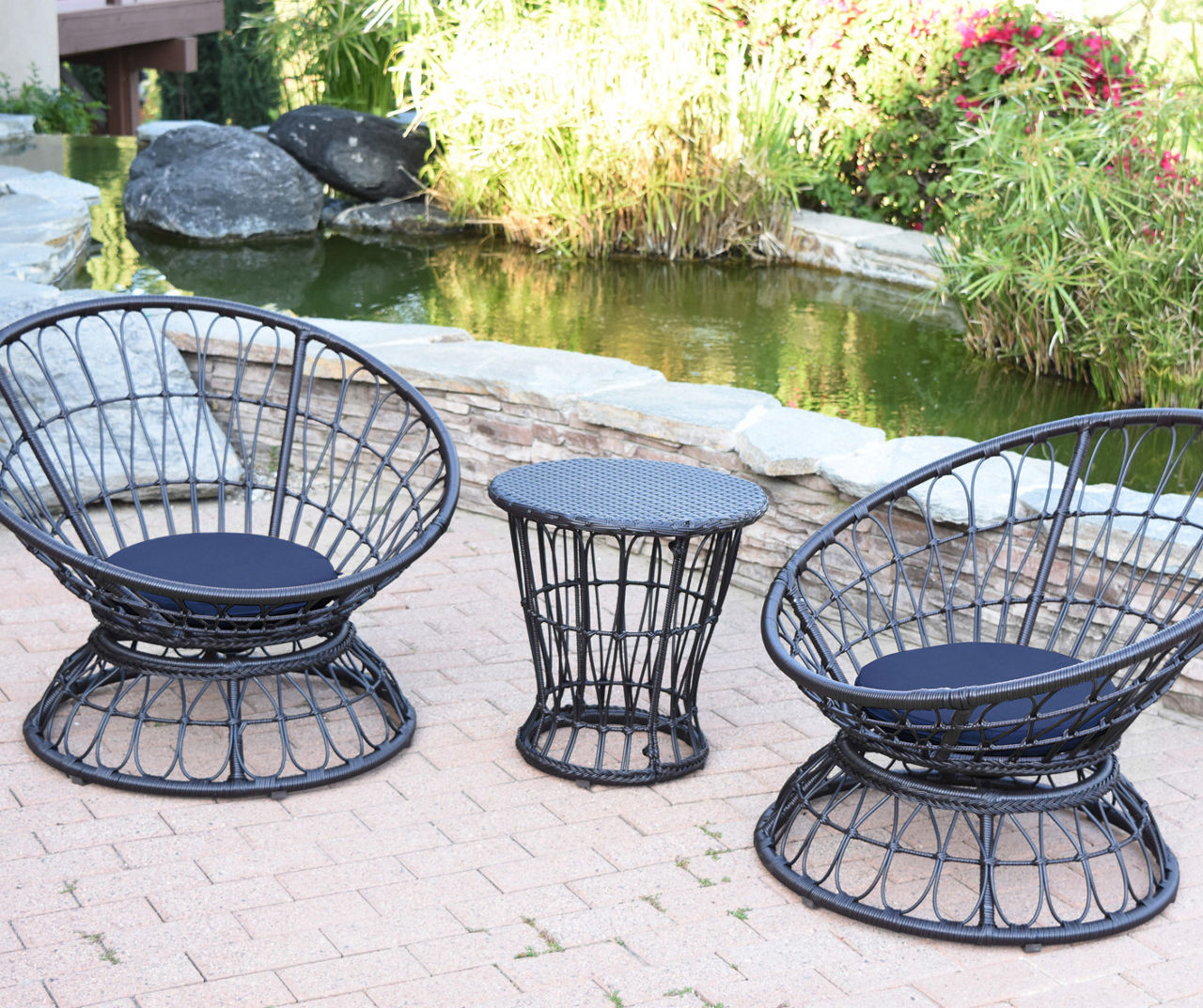 Espresso 3 Piece Papasan Chair Table Set with Midnight Blue