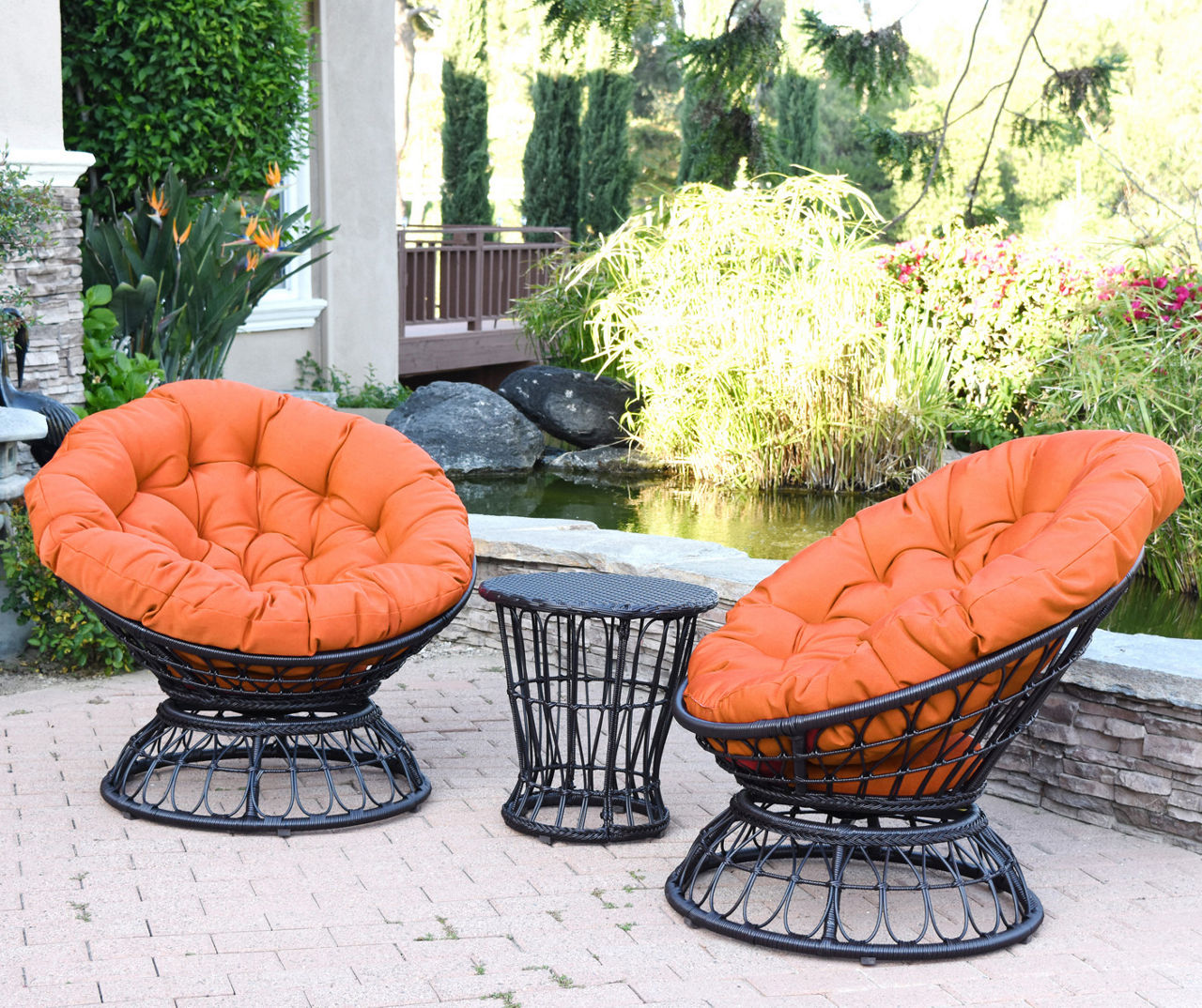 Espresso 3 Piece Papasan Chair Table Set with Orange Cushions