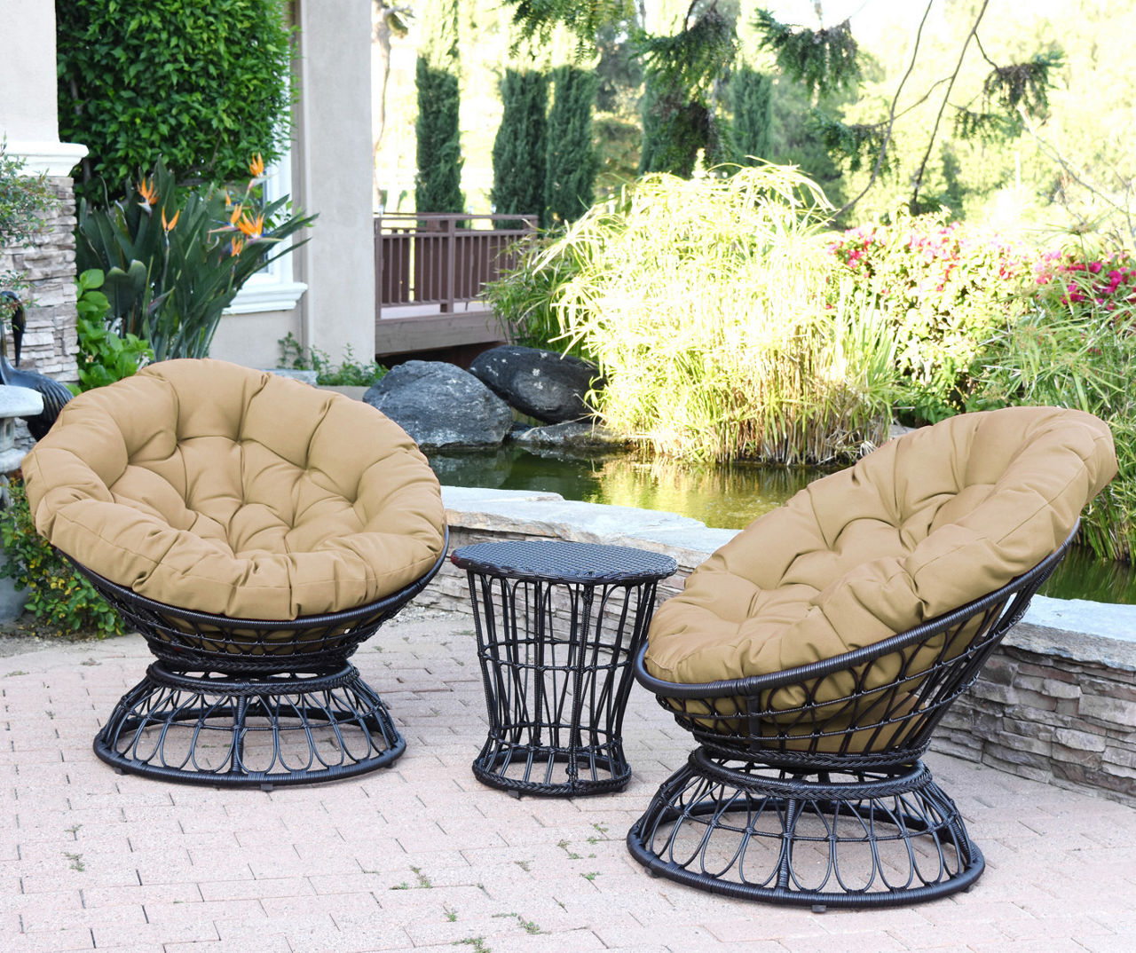 Espresso 3 Piece Papasan Chair Table Set with Tan Cushions Big