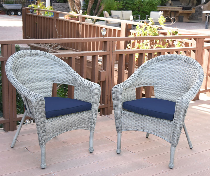 Gray Wicker Patio Chairs with Midnight Blue Cushions, 2-Pack
