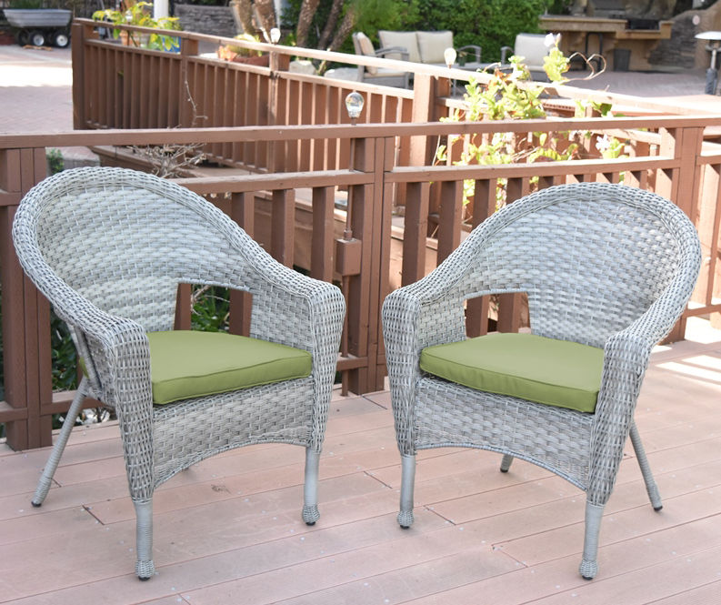 Gray Wicker Patio Chairs with Sage Green Cushions, 2-Pack