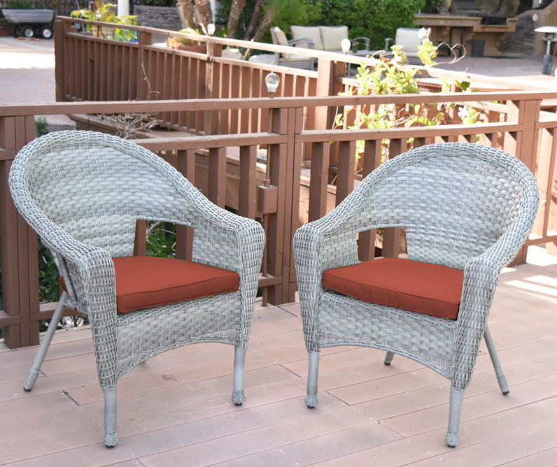 Gray Wicker Patio Chairs with Brick Red Cushions, 2-Pack