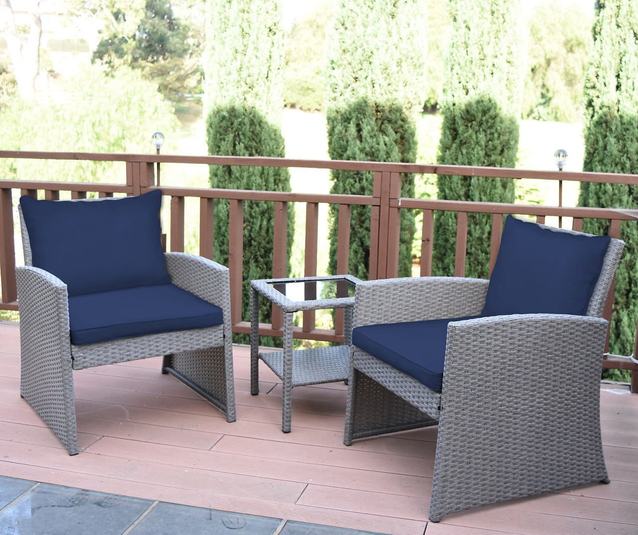Mirabelle 3-Piece Patio All-Weather Wicker Chat Set with Midnight Blue Cushions