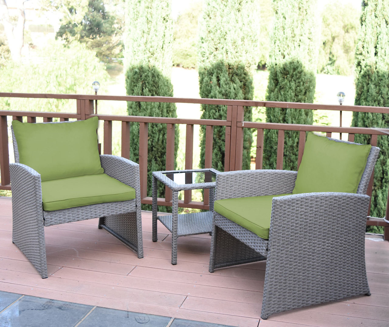 Mirabelle 3-Piece Patio All-Weather Wicker Chat Set with Sage Green Cushions