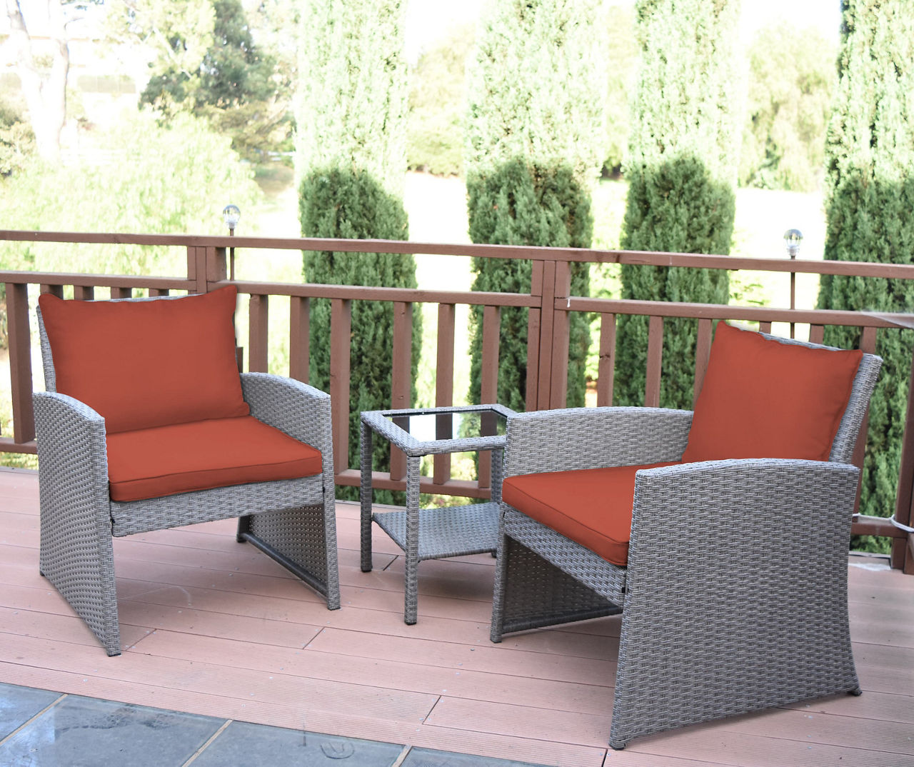 Mirabelle 3-Piece Patio All-Weather Wicker Chat Set with Brick Red Cushions