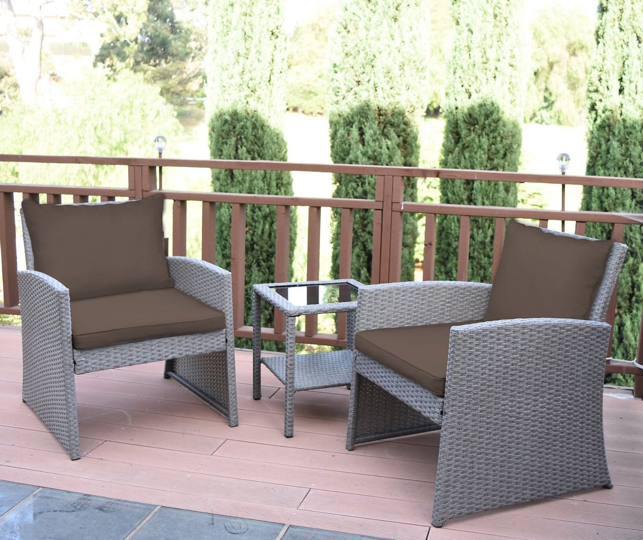Mirabelle 3-Piece Patio All-Weather Wicker Chat Set with Brown Cushions