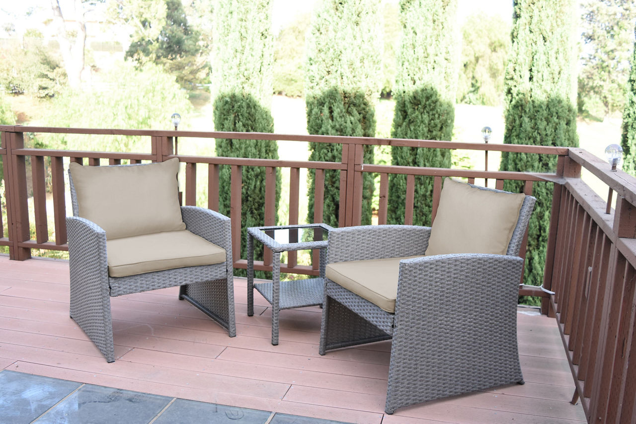Mirabelle 3-Piece Patio All-Weather Wicker Chat Set with Tan Cushions