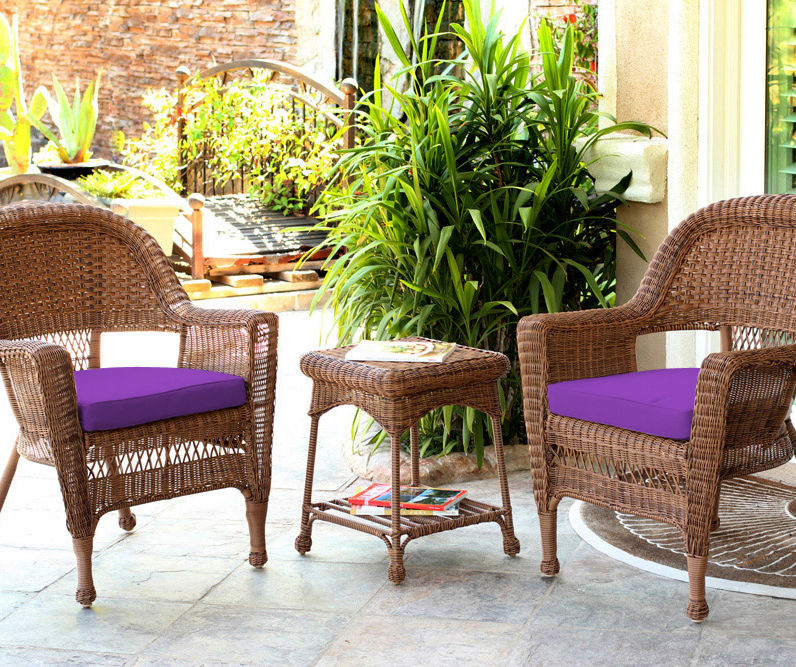 Honey 3-Piece Patio All-Weather Wicker Chat Set with Purple Cushions