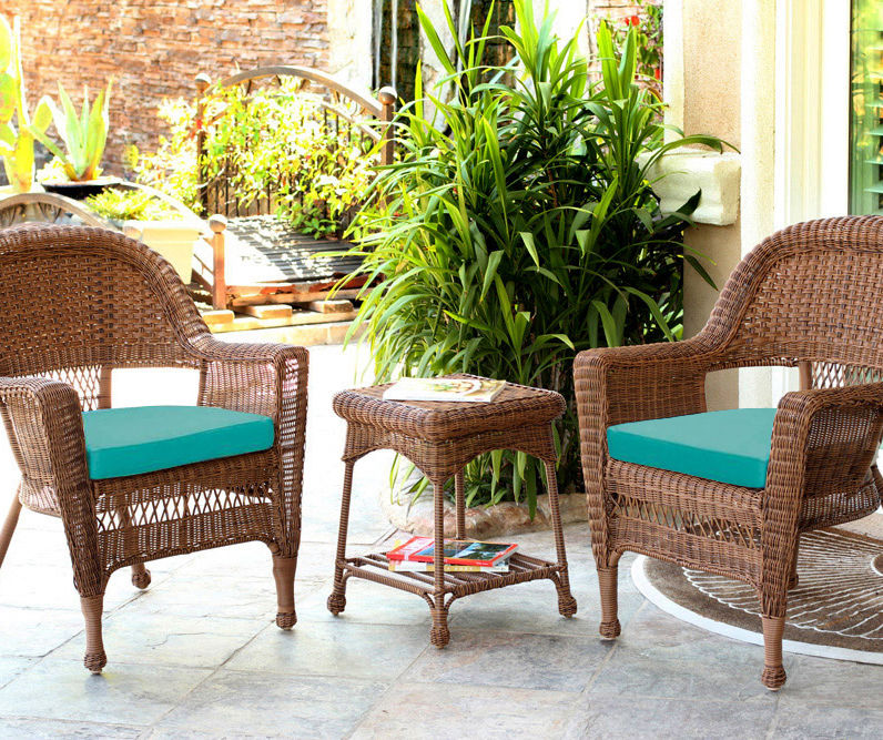Honey 3-Piece Patio All-Weather Wicker Chat Set with Turquoise Cushions