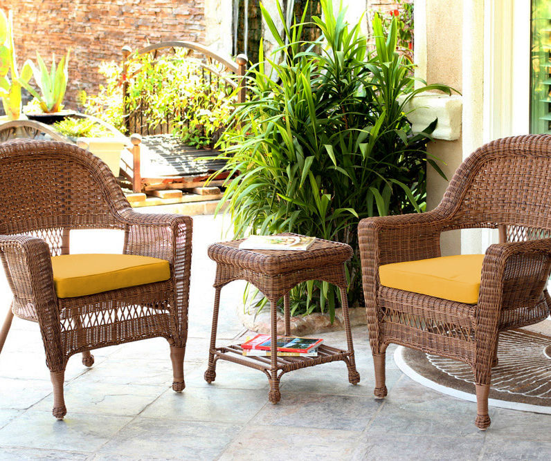 Honey 3-Piece Patio All-Weather Wicker Chat Set with Mustard Cushions