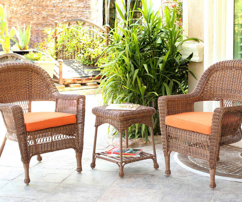 Honey 3-Piece Patio All-Weather Wicker Chat Set with Orange Cushions