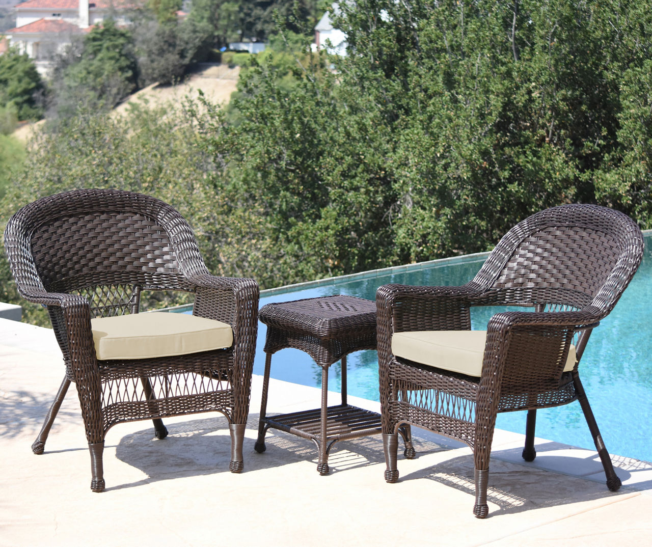Espresso 3-Piece Patio All-Weather Wicker Chat Set with Ivory Cushions
