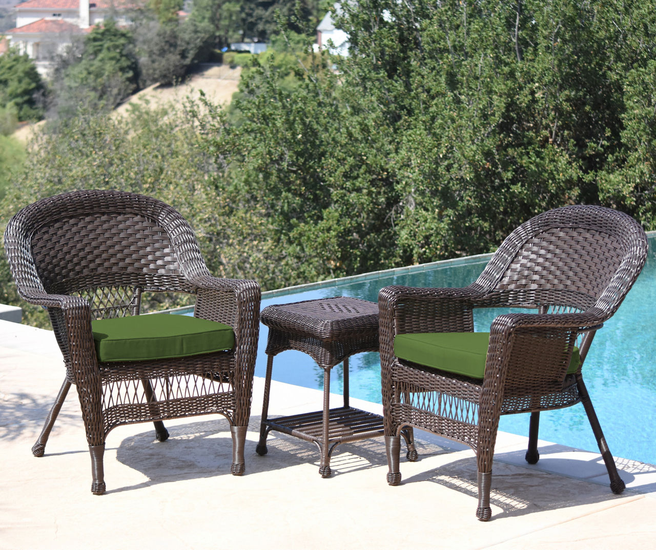 Espresso 3-Piece Patio All-Weather Wicker Chat Set with Hunter Green Cushions