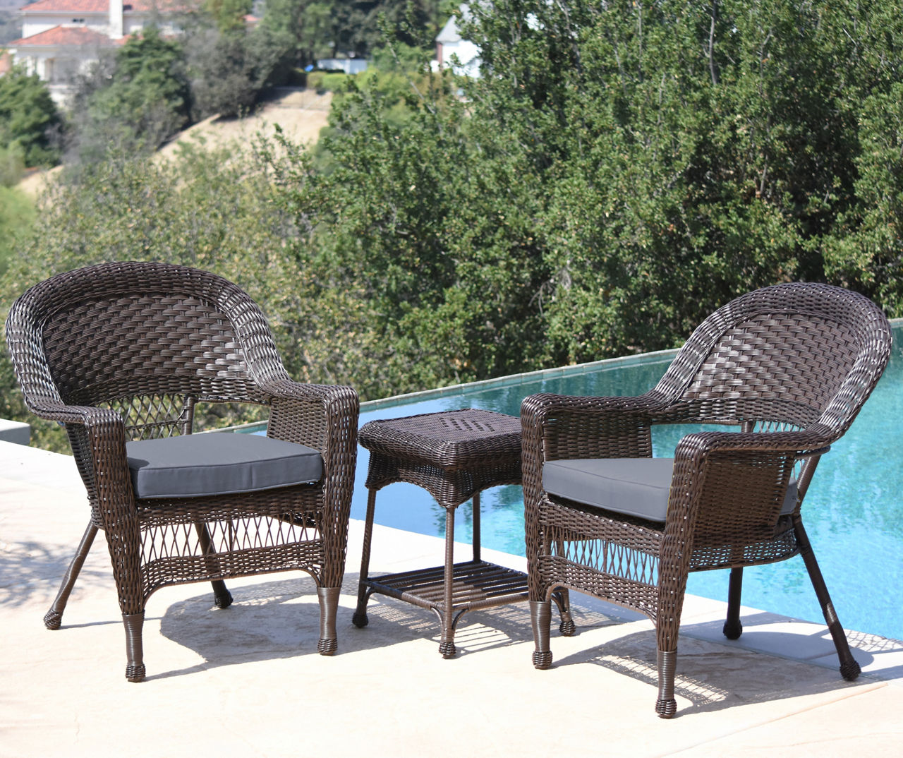 Espresso 3-Piece Patio All-Weather Wicker Chat Set with Steel Blue Cushions