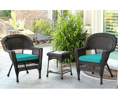 Espresso 3-Piece Patio All-Weather Wicker Chat Set with Turquoise Cushions