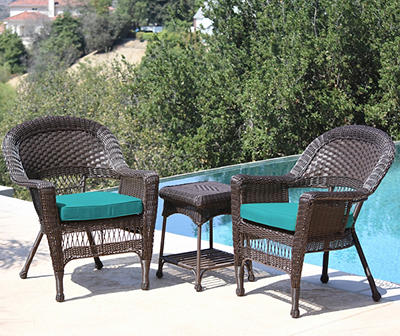 Espresso 3-Piece Patio All-Weather Wicker Chat Set with Turquoise Cushions