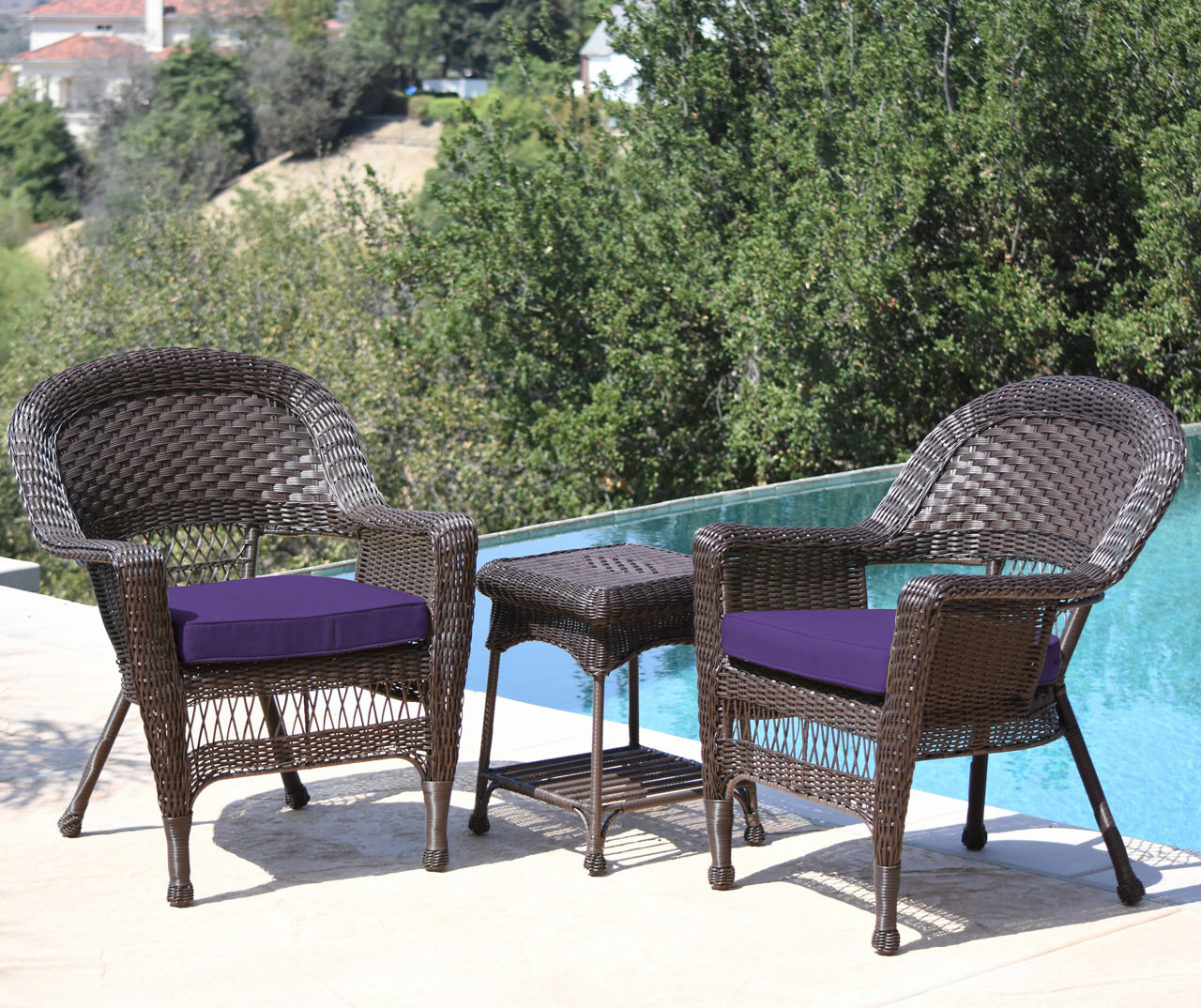 Espresso 3-Piece Patio All-Weather Wicker Chat Set with Purple Cushions