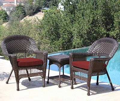 Espresso 3-Piece Patio All-Weather Wicker Chat Set with Red Cushions