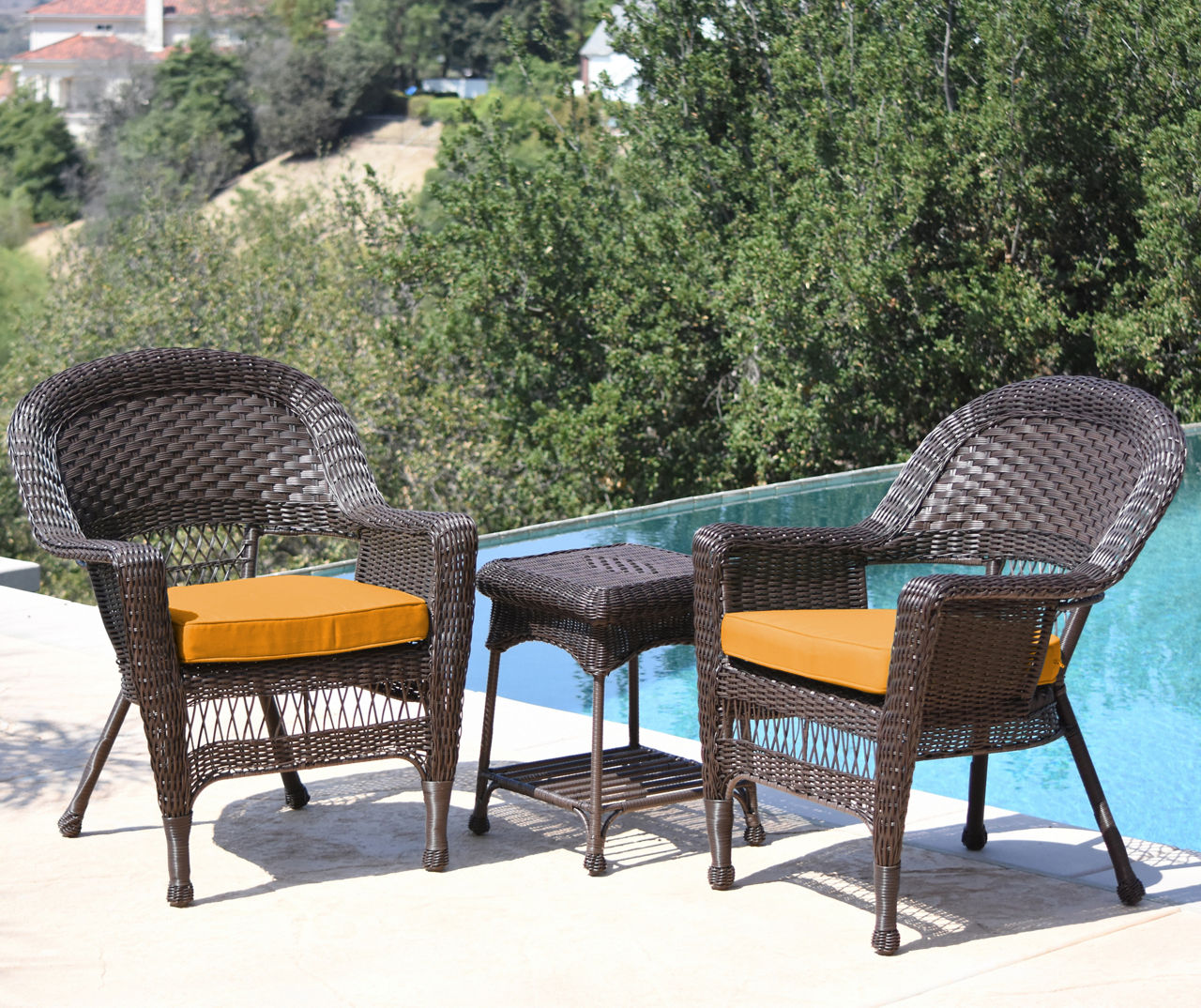 Espresso 3-Piece Patio All-Weather Wicker Chat Set with Mustard Cushions