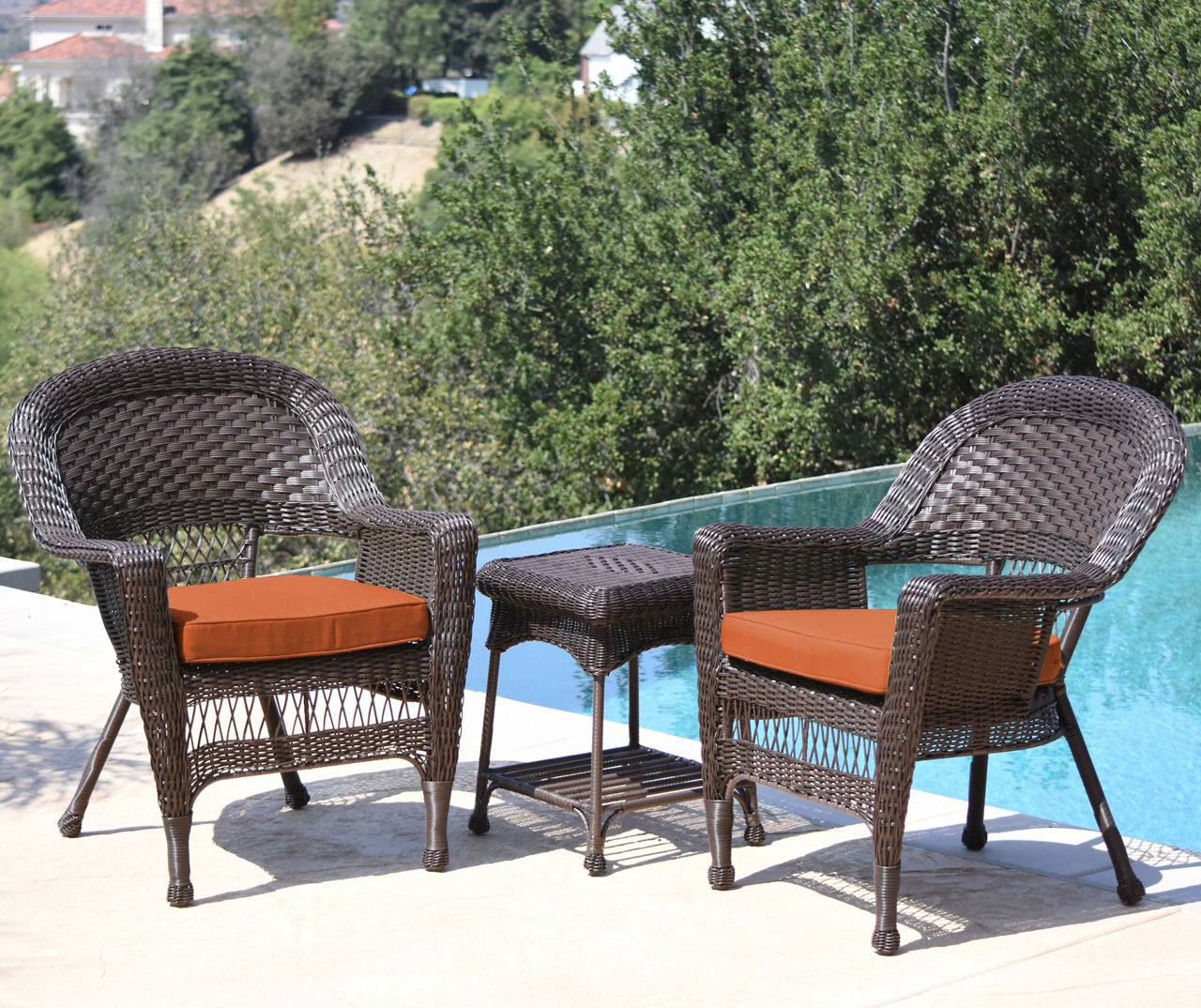 Espresso 3-Piece Patio All-Weather Wicker Chat Set with Orange Cushions