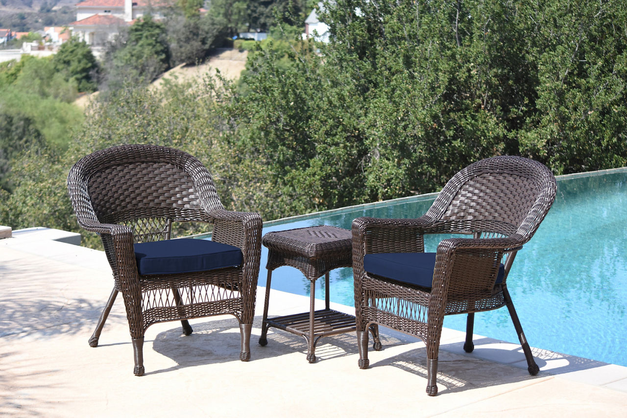 Espresso 3-Piece Patio All-Weather Wicker Chat Set with Midnight Blue Cushions