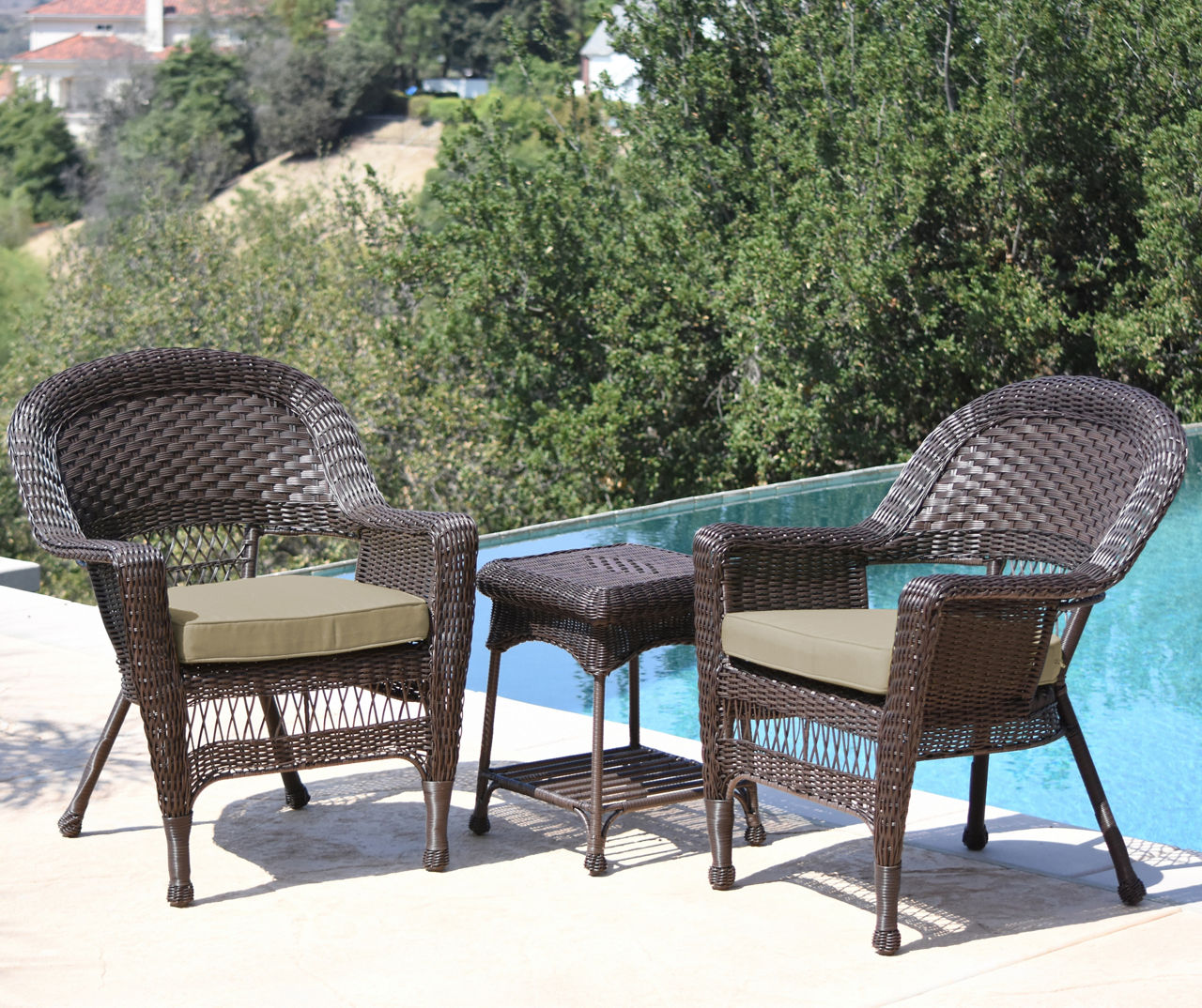 Espresso 3-Piece Patio All-Weather Wicker Chat Set with Tan Cushions